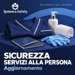 Copertina Systems & Safety: Aggiornamento – Settore servizi alla persona. Sfondo blu, logo bianco e immagine fotografica a tema.