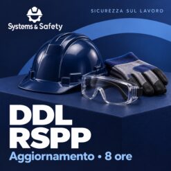Copertina Systems & Safety: Aggiornamento DDL/RSPP 8 ore. Sfondo blu, logo bianco e immagine fotografica a tema.