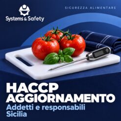 Copertina Systems & Safety: Aggiornamento HACCP Addetti e Responsabili Alimentaristi — Sicilia. Sfondo blu, logo bianco e immagine fotografica a tema.