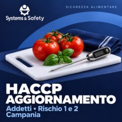 Copertina Systems & Safety: Aggiornamento HACCP Addetti Livello di rischio 1 e 2 — Campania. Sfondo blu, logo bianco e immagine fotografica a tema.
