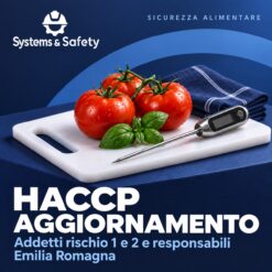 Copertina Systems & Safety: Aggiornamento HACCP Addetti Livello di rischio 1 e 2 e Responsabili — Emilia Romagna. Sfondo blu, logo bianco e immagine fotografica a tema.