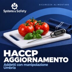 Copertina Systems & Safety: Aggiornamento HACCP per addetti che manipolano alimenti — Umbria. Sfondo blu, logo bianco e immagine fotografica a tema.