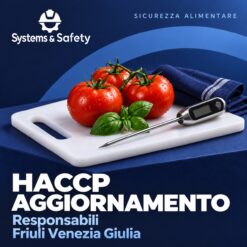 Copertina Systems & Safety: Aggiornamento HACCP Responsabili — Friuli Venezia Giulia. Sfondo blu, logo bianco e immagine fotografica a tema.