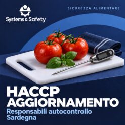 Copertina Systems & Safety: Aggiornamento HACCP Responsabili Autocontrollo — Sardegna. Sfondo blu, logo bianco e immagine fotografica a tema.