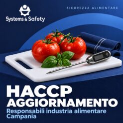 Copertina Systems & Safety: Aggiornamento HACCP Responsabili di industria alimentare — Campania. Sfondo blu, logo bianco e immagine fotografica a tema.