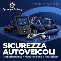 Copertina Systems & Safety: Aggiornamento per lavoratori – Addetti alla manutenzione e riparazione di autoveicoli. Sfondo blu, logo bianco e immagine fotografica a tema.