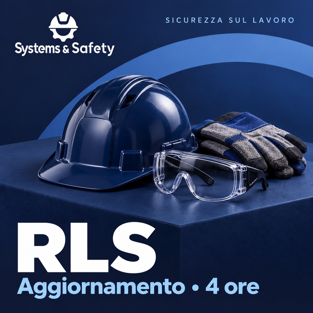 Copertina Systems & Safety: Aggiornamento RLS – 4 ore. Sfondo blu, logo bianco e immagine fotografica a tema.