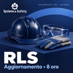 Copertina Systems & Safety: Aggiornamento RLS – 8 ore. Sfondo blu, logo bianco e immagine fotografica a tema.