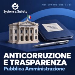 Copertina Systems & Safety: Anticorruzione e Trasparenza PA — ANTICORRUZIONE E 231 - Formazione. Sfondo blu, logo bianco e immagine fotografica a tema.