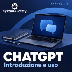 Copertina Systems & Safety: Artificial Intelligence – Introduzione e uso di ChatGPT — SOFT SKILLS. Sfondo blu, logo bianco e immagine fotografica a tema.