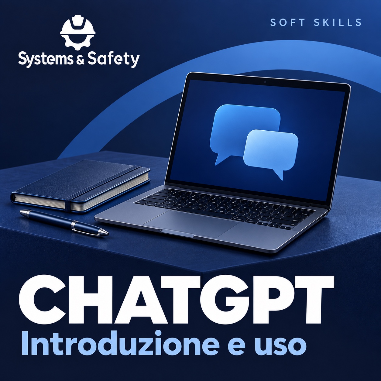 Copertina Systems & Safety: Artificial Intelligence – Introduzione e uso di ChatGPT — SOFT SKILLS. Sfondo blu, logo bianco e immagine fotografica a tema.