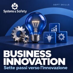 Copertina Systems & Safety: Business Innovation – Sette passi verso l’innovazione — LEADERSHIP. Sfondo blu, logo bianco e immagine fotografica a tema.