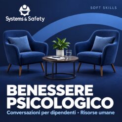 Copertina Systems & Safety: Come affrontare una conversazione sul benessere psicologico – Per dipendenti — HR-GESTIONE RISORSE UMANE. Sfondo blu, logo bianco e immagine fotografica a tema.