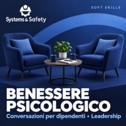 Copertina Systems & Safety: Come affrontare una conversazione sul benessere psicologico – Per dipendenti — LEADERSHIP. Sfondo blu, logo bianco e immagine fotografica a tema.