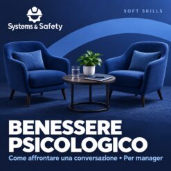 Copertina Systems & Safety: Come affrontare una conversazione sul benessere psicologico – Per manager — LEADERSHIP. Sfondo blu, logo bianco e immagine fotografica a tema.