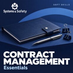 Copertina Systems & Safety: Contract Management Essentials — BUSINESS SKILL. Sfondo blu, logo bianco e immagine fotografica a tema.