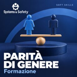 Copertina Systems & Safety: Corso parità di genere — COMPLIANCE. Sfondo blu, logo bianco e immagine fotografica a tema.