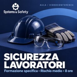 Copertina Systems & Safety: Corso Sicurezza Lavoratori Parte Specifica Rischio Medio (8 ore). Sfondo blu, logo bianco e immagine fotografica a tema.