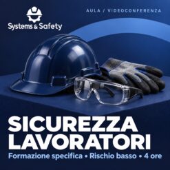 Copertina Systems & Safety: Corso Sicurezza Lavoratori Parte Specifica Rischio Basso (4 ore). Sfondo blu, logo bianco e immagine fotografica a tema.