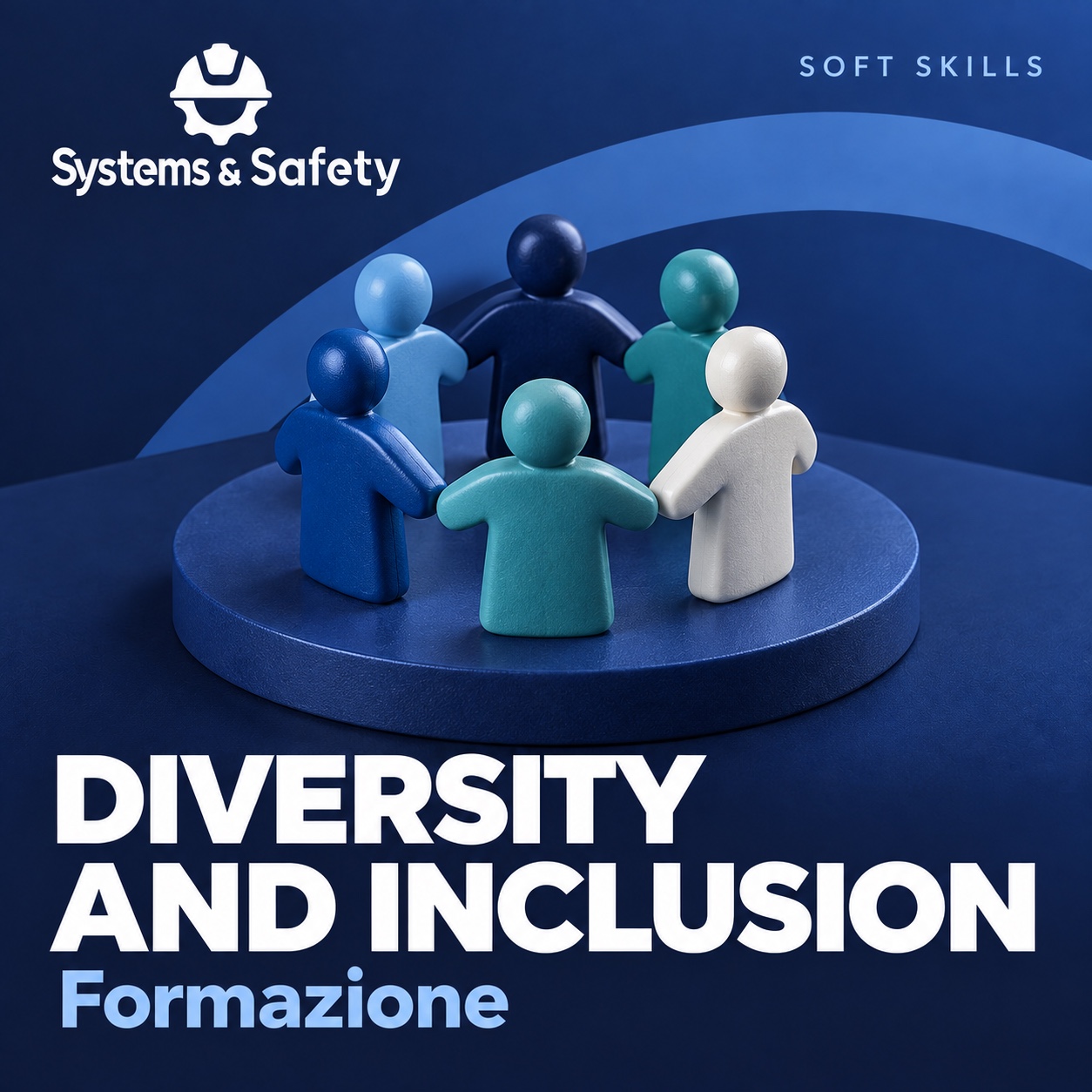 Copertina Systems & Safety: Diversity and Inclusion — COMPLIANCE. Sfondo blu, logo bianco e immagine fotografica a tema.