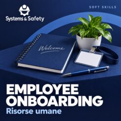 Copertina Systems & Safety: Employee Onboarding — HR-GESTIONE RISORSE UMANE. Sfondo blu, logo bianco e immagine fotografica a tema.