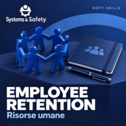 Copertina Systems & Safety: Employee Retention — HR-GESTIONE RISORSE UMANE. Sfondo blu, logo bianco e immagine fotografica a tema.