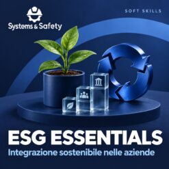 Copertina Systems & Safety: ESG Essentials: Guida Strategica per l’Integrazione Sostenibile nelle Aziende — COMPLIANCE. Sfondo blu, logo bianco e immagine fotografica a tema.