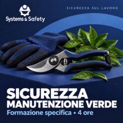 Copertina Systems & Safety: Formazione e informazione specifica – Manutenzione del verde 4 Ore. Sfondo blu, logo bianco e immagine fotografica a tema.