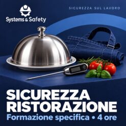 Copertina Systems & Safety: Formazione e informazione specifica – Settore addetti alla ristorazione 4 ore. Sfondo blu, logo bianco e immagine fotografica a tema.