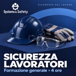 Copertina Systems & Safety: Formazione generale lavoratori 4 ore. Sfondo blu, logo bianco e immagine fotografica a tema.