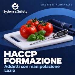 Copertina Systems & Safety: Formazione HACCP Addetti alla manipolazione degli alimenti — Lazio. Sfondo blu, logo bianco e immagine fotografica a tema.