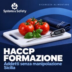 Copertina Systems & Safety: Formazione HACCP Addetti che non manipolano alimenti — Sicilia. Sfondo blu, logo bianco e immagine fotografica a tema.