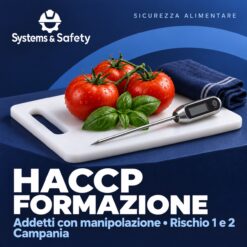 Copertina Systems & Safety: Formazione HACCP Addetti Livello di rischio 1 e 2 Addetti che manipolano alimenti — Campania. Sfondo blu, logo bianco e immagine fotografica a tema.