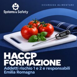 Copertina Systems & Safety: Formazione HACCP Addetti Livello di rischio 1 e 2 Addetti che manipolano alimenti e Responsabili — Emilia Romagna. Sfondo blu, logo bianco e immagine fotografica a tema.