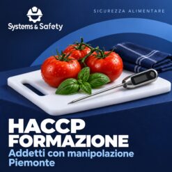Copertina Systems & Safety: Formazione HACCP Alimentaristi Addetti che manipolano alimenti — Piemonte. Sfondo blu, logo bianco e immagine fotografica a tema.