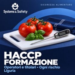 Copertina Systems & Safety: Formazione HACCP operatori alimentari e titolari di ogni categoria di rischio — Liguria. Sfondo blu, logo bianco e immagine fotografica a tema.