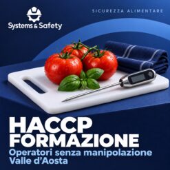 Copertina Systems & Safety: Formazione HACCP Operatori Alimentaristi che non manipolano alimenti — Valle d'Aosta. Sfondo blu, logo bianco e immagine fotografica a tema.