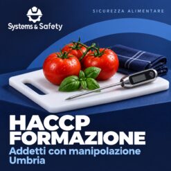 Copertina Systems & Safety: Formazione HACCP per addetti che manipolano alimenti — Umbria. Sfondo blu, logo bianco e immagine fotografica a tema.