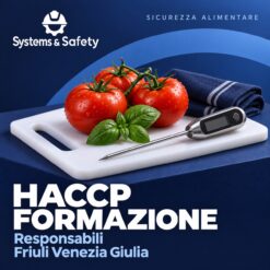 Copertina Systems & Safety: Formazione HACCP Responsabili — Friuli Venezia Giulia. Sfondo blu, logo bianco e immagine fotografica a tema.