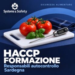 Copertina Systems & Safety: Formazione HACCP Responsabili Autocontrollo — Sardegna. Sfondo blu, logo bianco e immagine fotografica a tema.