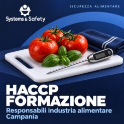 Copertina Systems & Safety: Formazione HACCP Responsabili industria alimentare — Campania. Sfondo blu, logo bianco e immagine fotografica a tema.