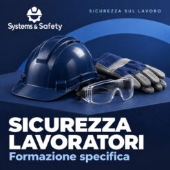 Copertina Systems & Safety: Formazione specifica lavoratori. Sfondo blu, logo bianco e immagine fotografica a tema.