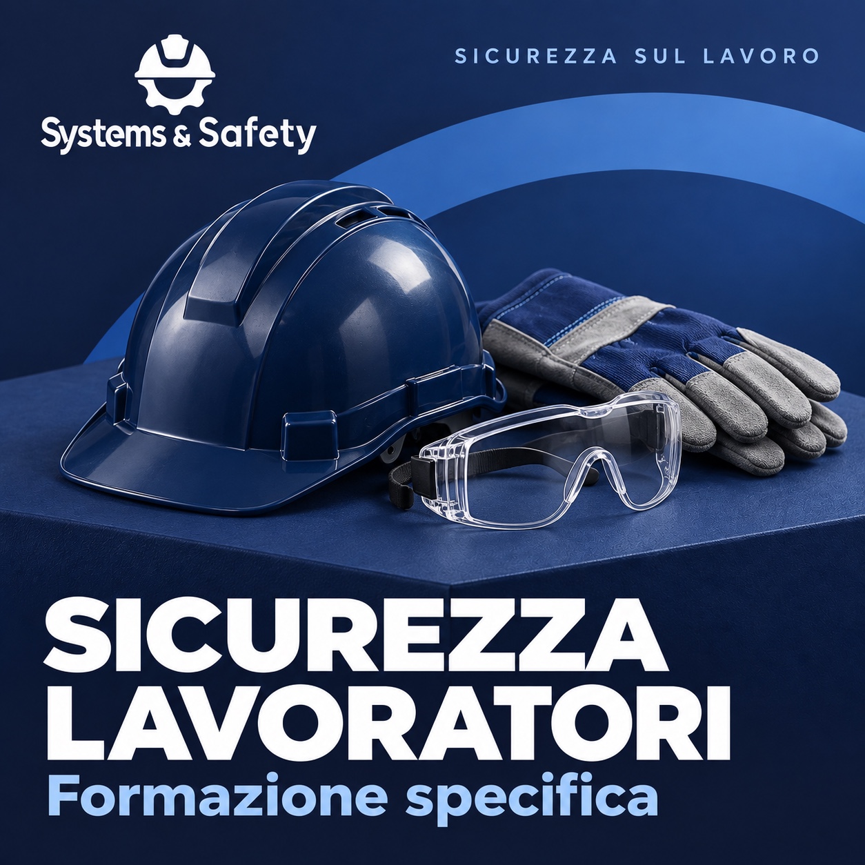 Copertina Systems & Safety: Formazione specifica lavoratori. Sfondo blu, logo bianco e immagine fotografica a tema.