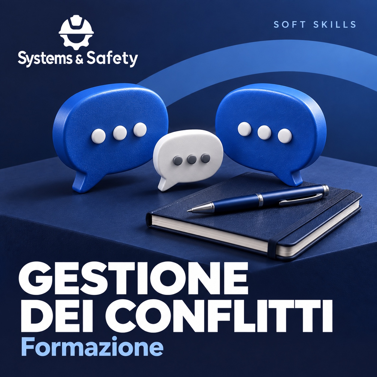Copertina Systems & Safety: La gestione dei conflitti — HR-GESTIONE RISORSE UMANE. Sfondo blu, logo bianco e immagine fotografica a tema.