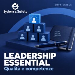 Copertina Systems & Safety: Leadership Essential – Qualità e competenze — LEADERSHIP. Sfondo blu, logo bianco e immagine fotografica a tema.