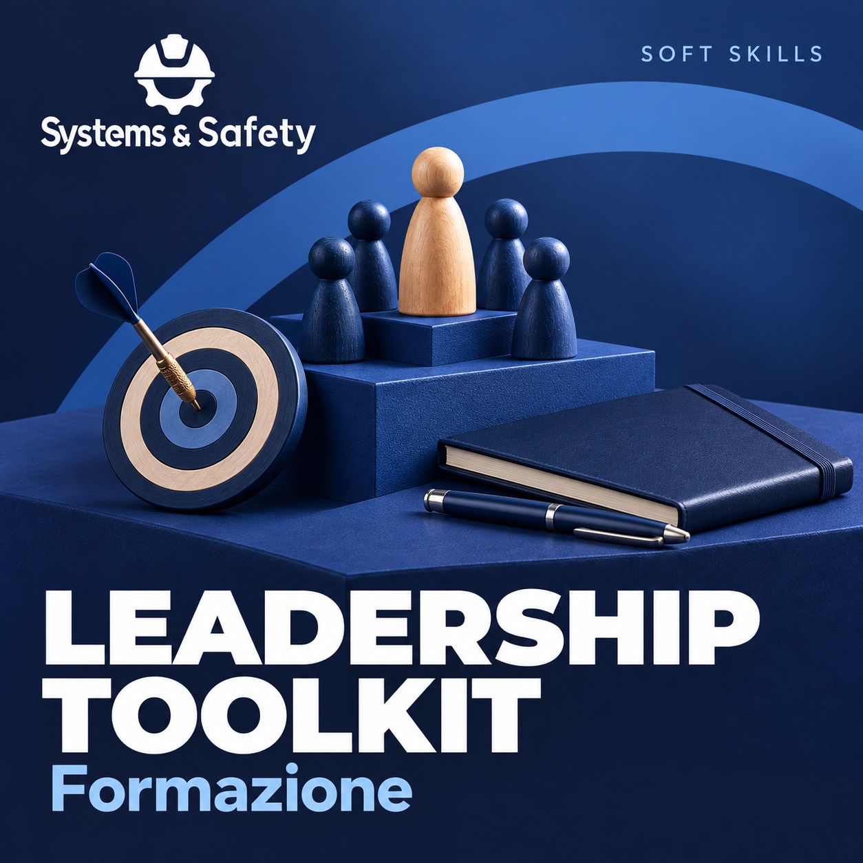 Copertina Systems & Safety: Leadership Toolkit — LEADERSHIP. Sfondo blu, logo bianco e immagine fotografica a tema.