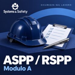 Copertina Systems & Safety: Modulo A per ASPP/RSPP. Sfondo blu, logo bianco e immagine fotografica a tema.