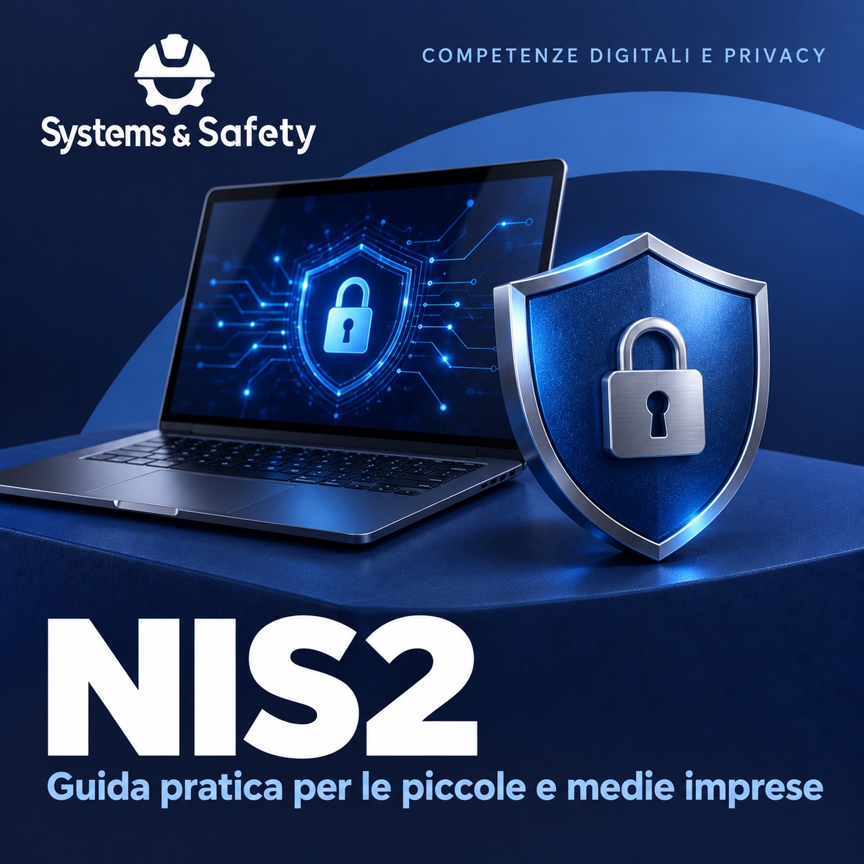 Copertina Systems & Safety: NIS2 per le piccole e medie imprese: la guida pratica alla conformità — COMPETENZE DIGITALI E PRIVACY. Sfondo blu, logo bianco e immagine fotografica a tema.