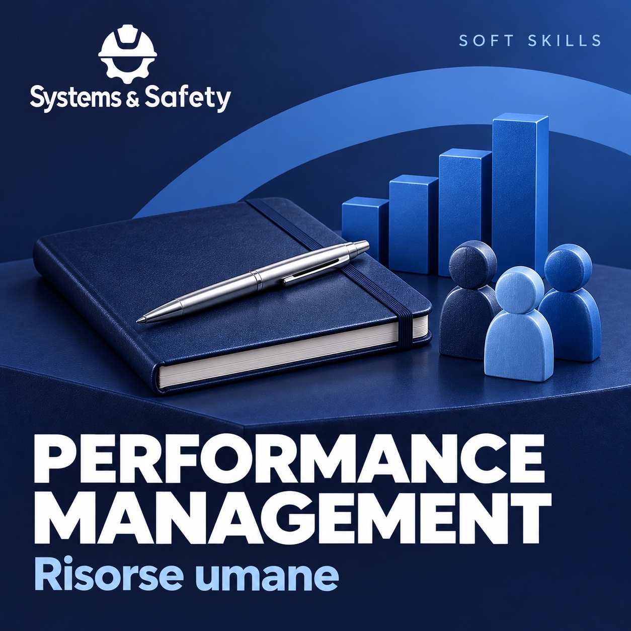 Copertina Systems & Safety: Performance Management — HR-GESTIONE RISORSE UMANE. Sfondo blu, logo bianco e immagine fotografica a tema.