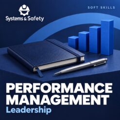 Copertina Systems & Safety: Performance Management — LEADERSHIP. Sfondo blu, logo bianco e immagine fotografica a tema.